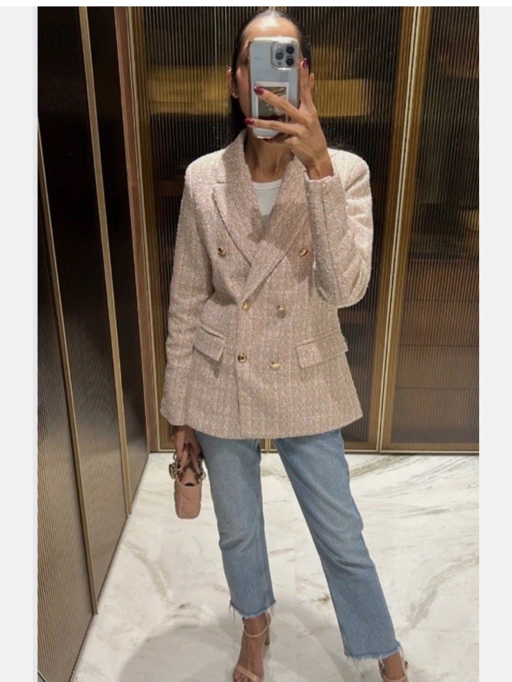 Zara Textured Pink Tweed Blazer